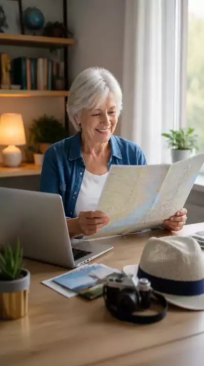 Senior woman looking at travel map and laptop