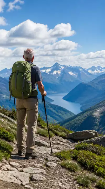 Senior man hiking alone on a scenic trail, enjoying independence
