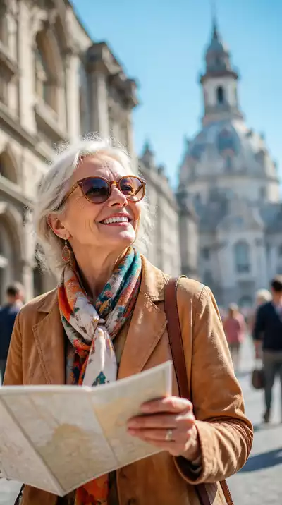 Happy senior woman looking at map in a bustling city, representing solo travel and independence
