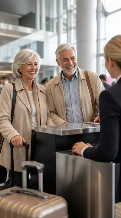 Senior couple smiling at airport check-in counter with luggage