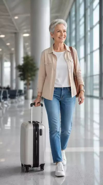 Happy senior woman easily pulling lightweight luggage through an airport