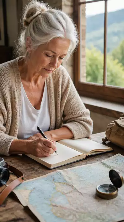 Senior woman writing in a travel journal, with a map and compass on a table