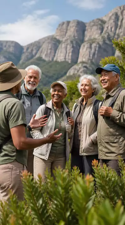 Diverse group of seniors enjoying a guided tour in a scenic outdoor location