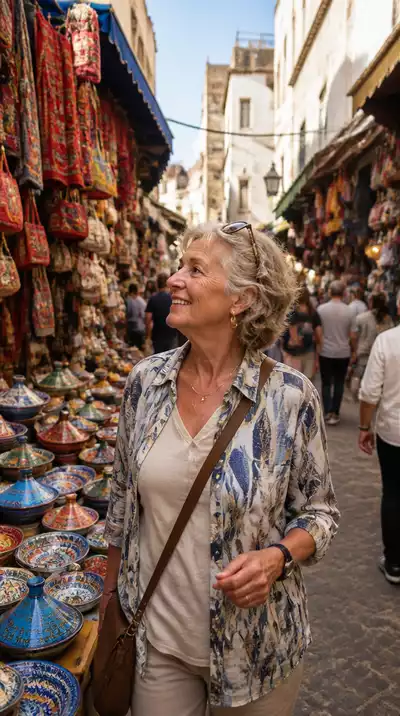 Senior woman happily exploring a bustling market in a foreign city