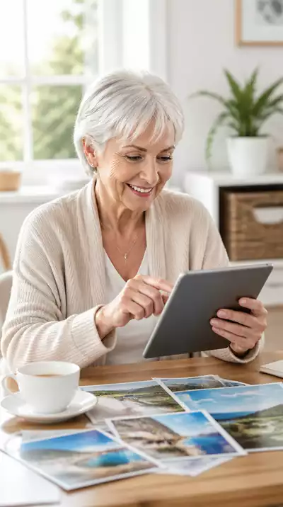 Senior woman joyfully planning a trip on a tablet with travel brochures
