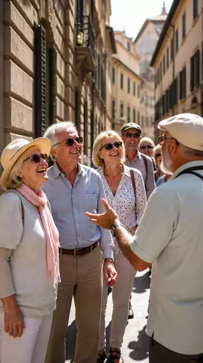 Seniors enjoying a guided tour in a European city