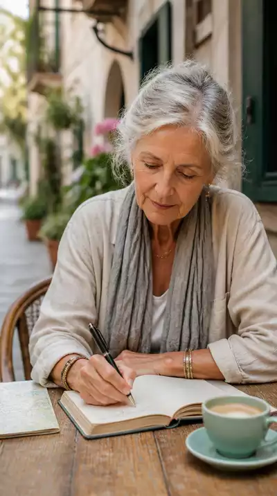 Senior woman writing in a travel journal, reflecting on her trip experiences