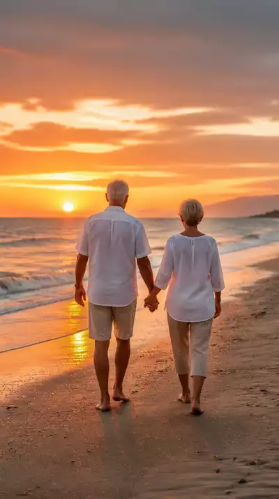 Retired couple enjoying a romantic sunset on a beach