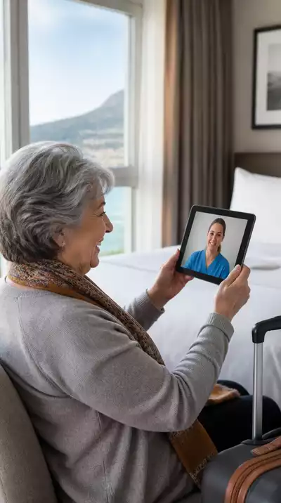 Senior woman talking to a caregiver on a video call while traveling