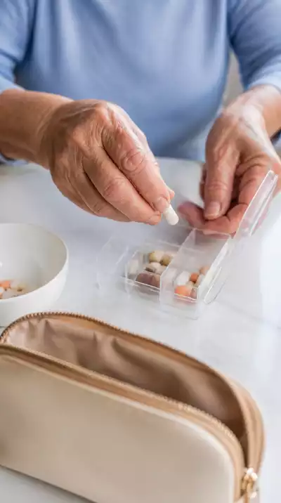 Senior woman organizing medications into a travel pill organizer