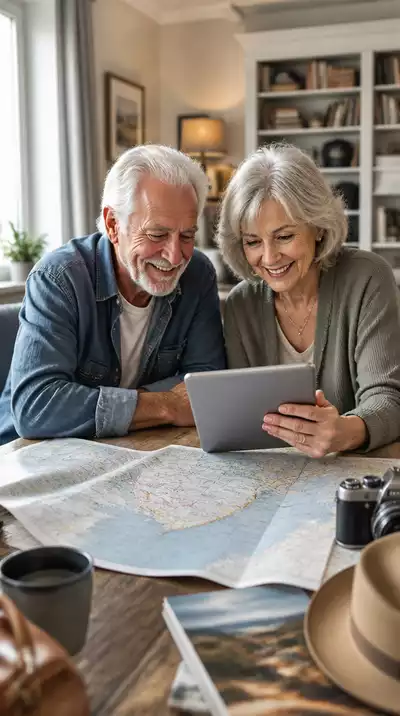 Elderly couple planning travel with a map and tablet