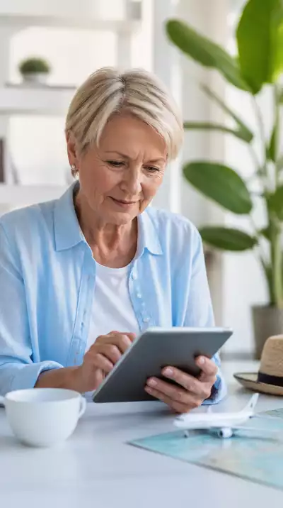 Senior woman reviewing travel budget on a tablet with a cup of coffee.
