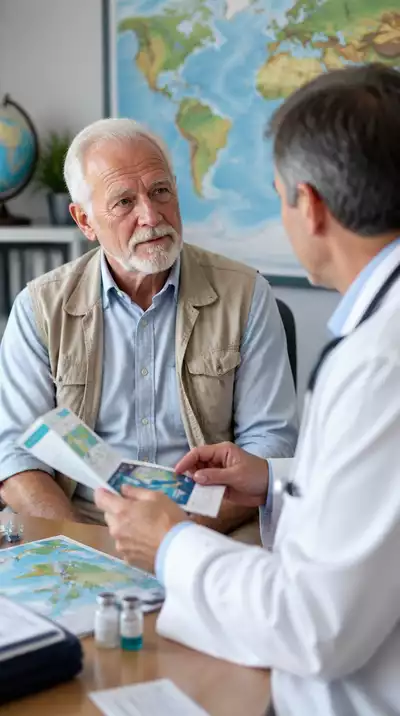 Senior traveler consulting a doctor about travel vaccinations and health precautions.