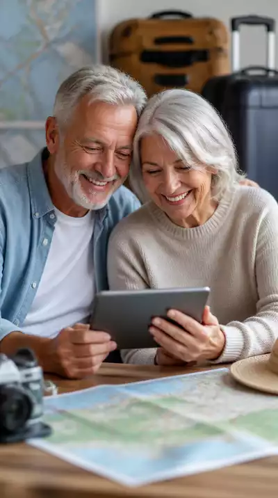 Senior couple looking at a travel checklist on a tablet, with luggage in background, symbolizing health preparation.