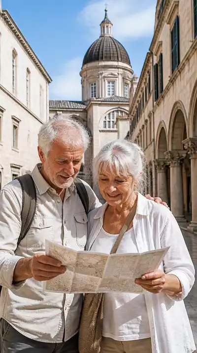 Senior couple looking at a map in an ancient European city, planning their route