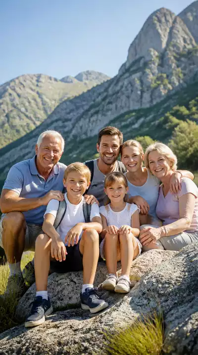 Happy multigenerational family enjoying a trip together, with grandparents, parents, and children smiling at a scenic outdoor location