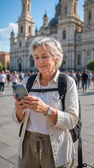 Senior woman checking map on phone in a bustling city square, looking confident and safe.