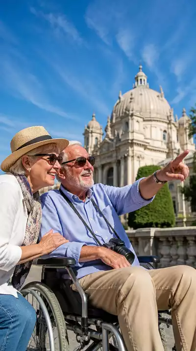 Senior couple enjoying an accessible guided tour, smiling and pointing at a landmark