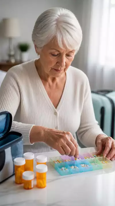 Senior woman organizing medications for travel
