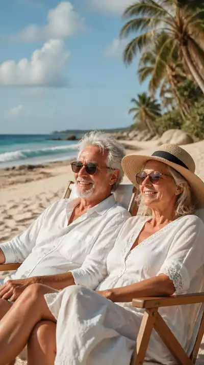 Senior couple relaxing on a beach, feeling refreshed and without jet lag
