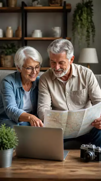 Senior couple planning a trip with a map and laptop