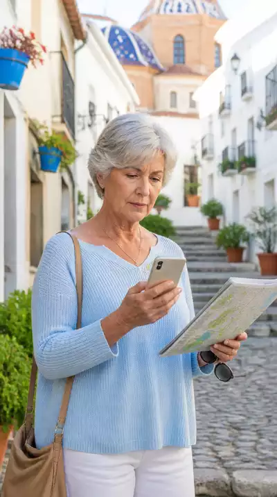 Senior woman using a map and smartphone for navigation in a foreign city