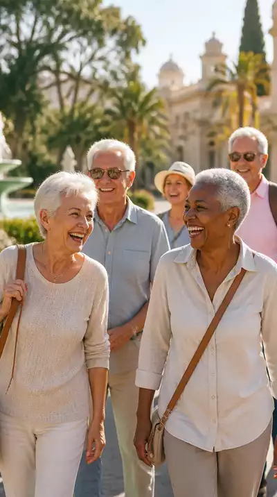Group of senior friends enjoying a guided tour