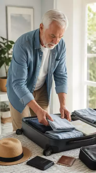 Senior man packing a suitcase with travel essentials like comfortable clothes and documents