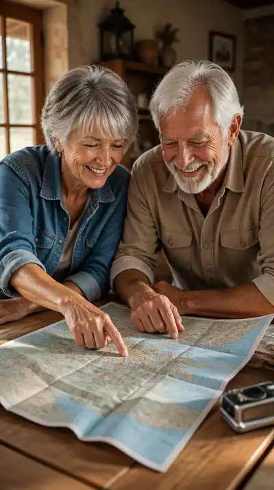 Senior couple looking at a map, planning a trip