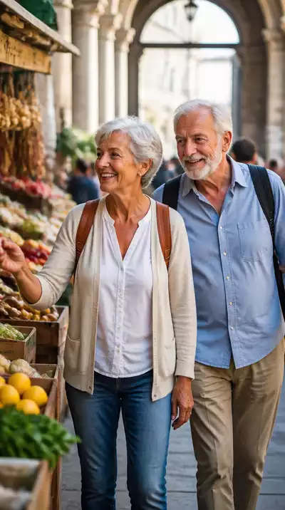 Happy senior couple exploring a bustling market
