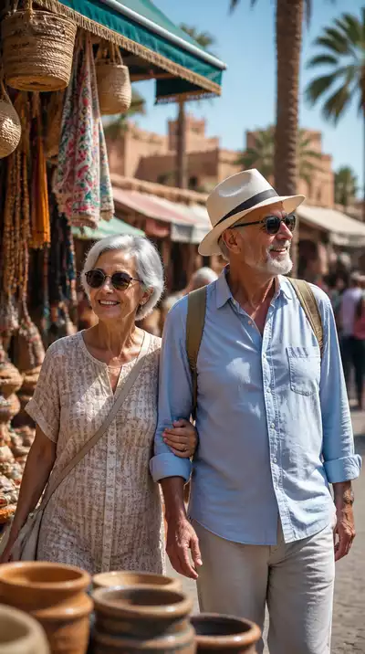Senior couple exploring a vibrant city market in a warm destination