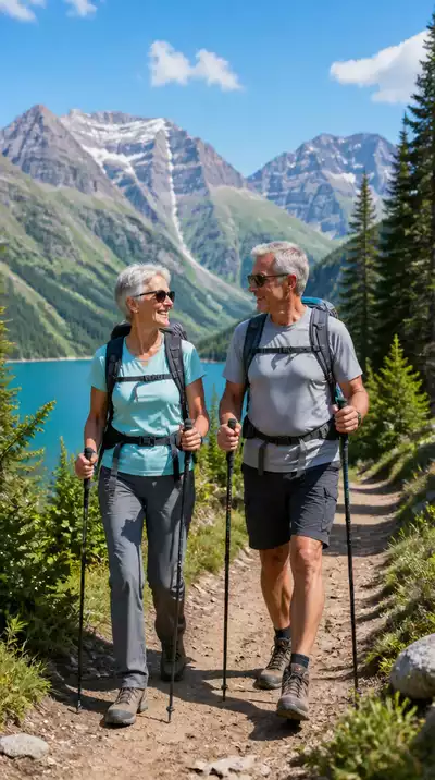 Senior couple hiking in a beautiful natural park with mountains in the background