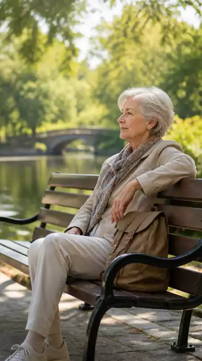 Senior woman enjoying a quiet moment in a beautiful park, reflecting on her travels.