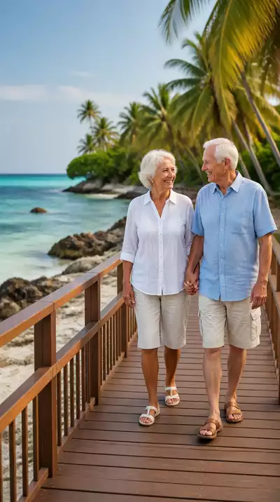 Elderly couple walking on an accessible boardwalk at a beach, with calm waters and palm trees in the background, no text, no words, no typography, clean image