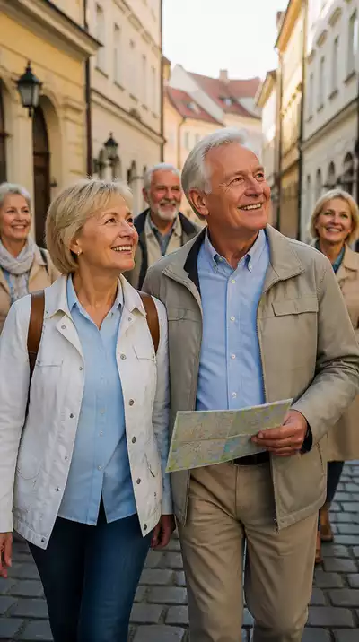 Senior couple exploring a historic city with a small group