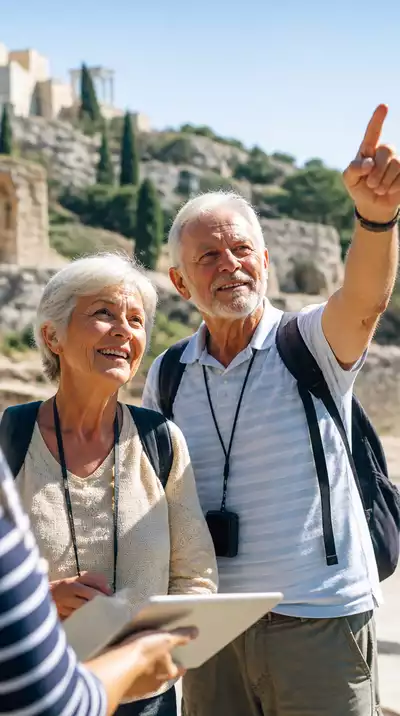 Senior couple enjoying a guided tour in a scenic outdoor location