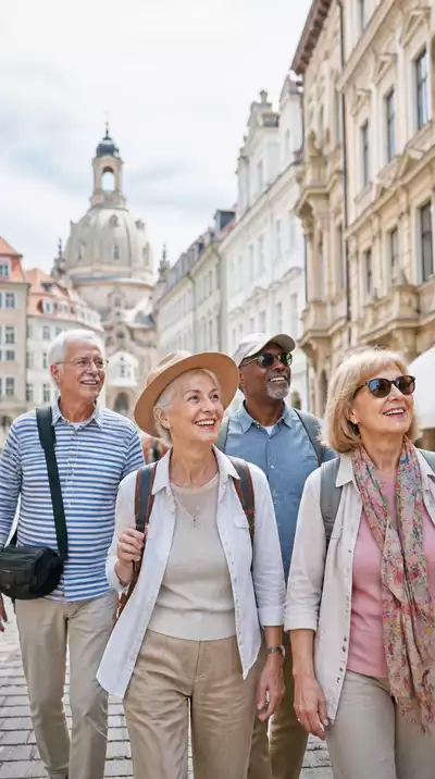 Diverse group of happy senior travelers exploring a European city street together, smiling and engaged, no text, no words, no typography, clean image