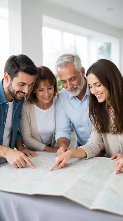 Senior couple and their adult children looking at a map, planning a trip together, showing collaboration and excitement