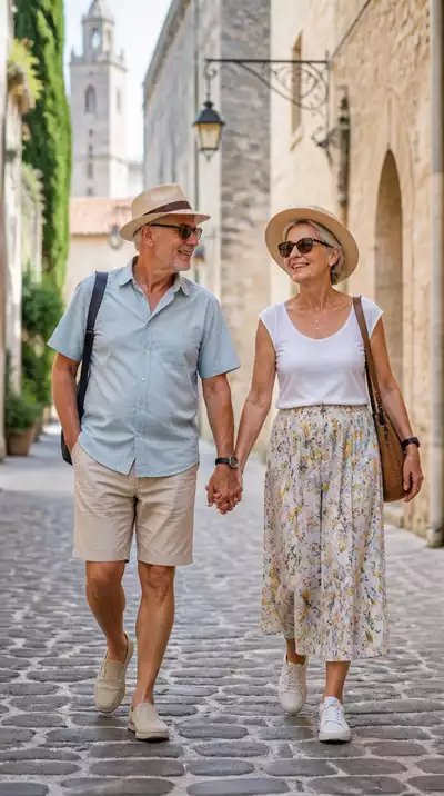 Retired couple exploring a historic European city
