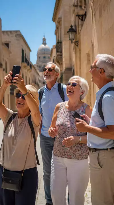 Happy seniors on a group tour exploring a historic city, laughing and taking photos
