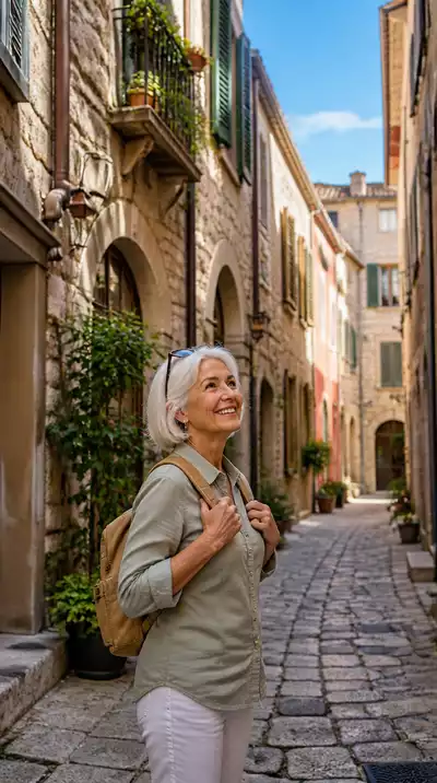 Senior woman happily exploring a vibrant European city street alone