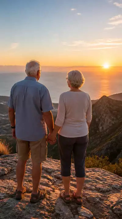 Senior couple enjoying a scenic view from a mountain top, vibrant and clear