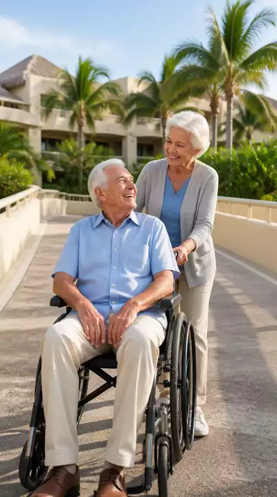 Senior couple comfortably navigating an accessible resort with ramps and wide paths