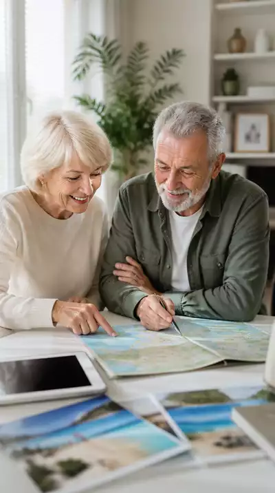 Older adult couple looking at a map, planning their accessible vacation