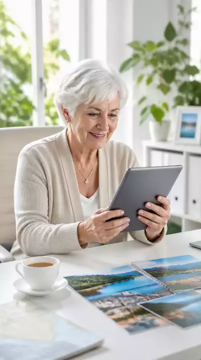 Senior woman researching accessible guided tours on a tablet, with travel brochures