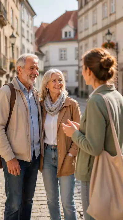 Senior couple enjoying a guided tour in a picturesque European town, engaging with a local guide, no text, no words, no typography, clean image
