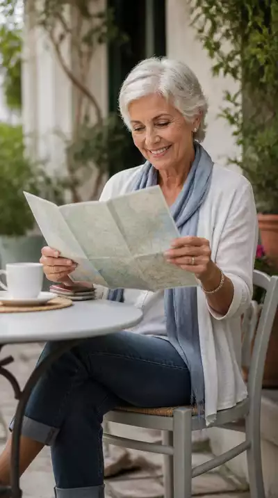 Senior woman looking at a map and smiling