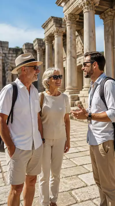 Smiling senior couple exploring an ancient ruin with a guide