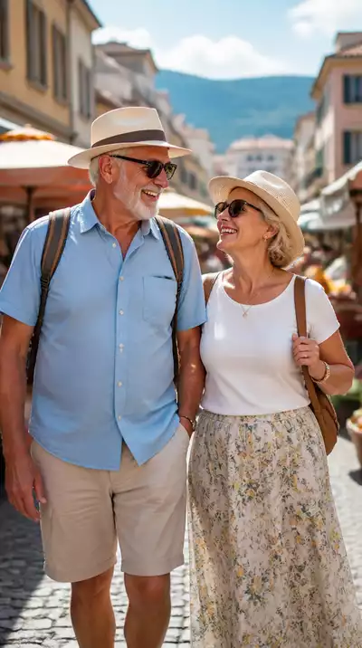 Happy senior couple exploring a bustling market in a European city