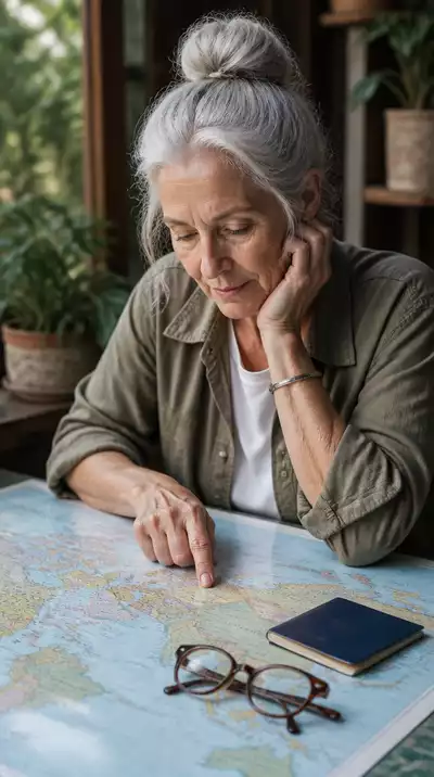 Senior woman looking at a world map, planning her next adventure